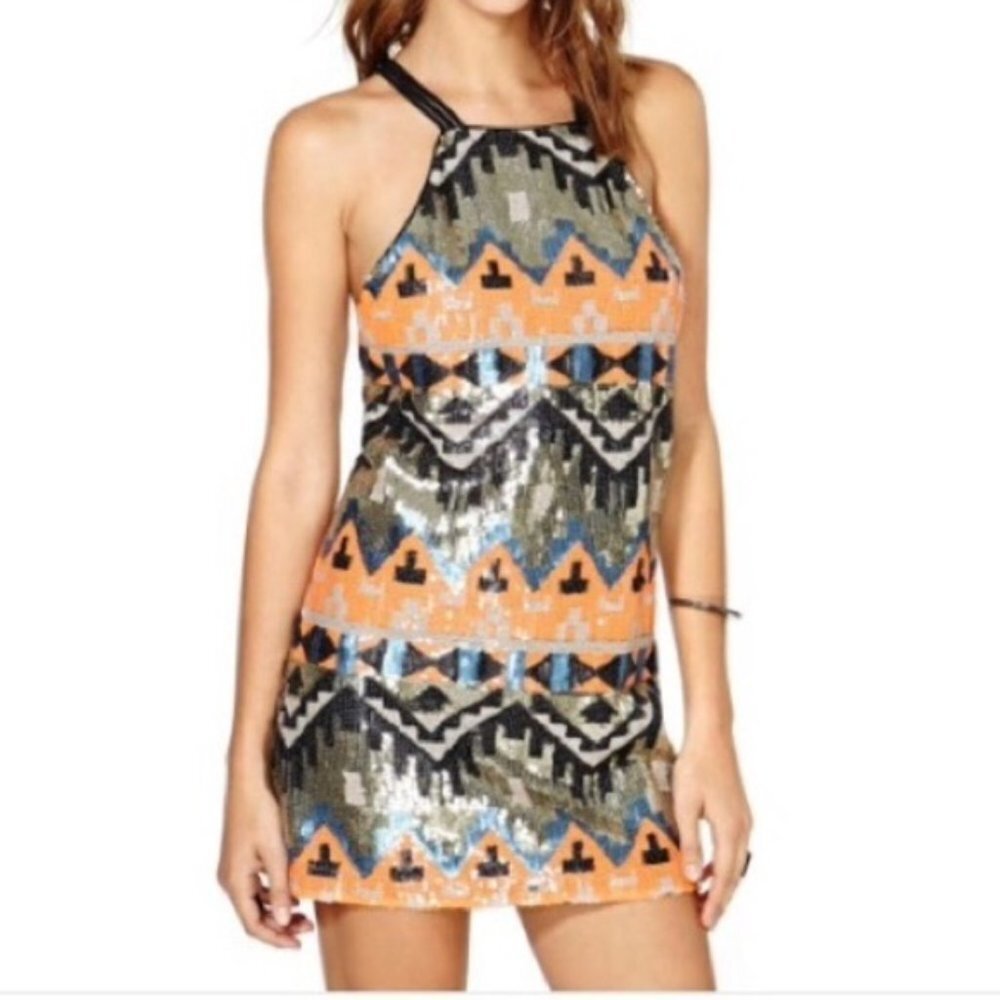 Nasty Gal Sequin Party Sleeveless Sequins Aztec Geometric Multicolor Mini Dress